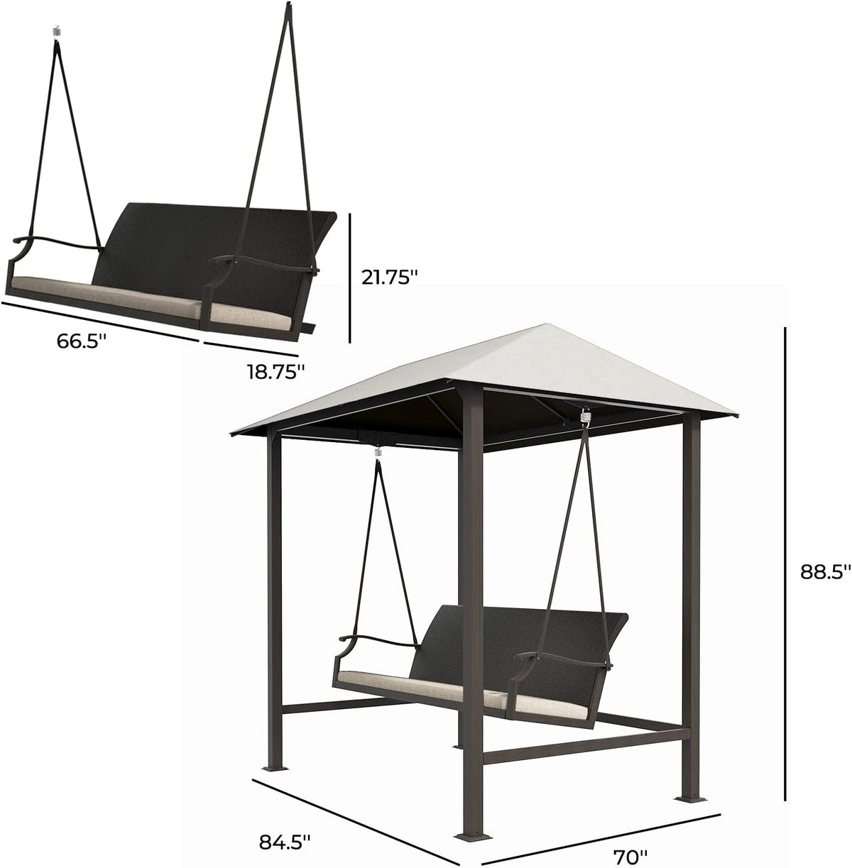 LOUNGE YARD Outdoor Porch Swing 3-Seat with Canopy and Removable Cushion for Garden, Backyard, Poolside — product view 5