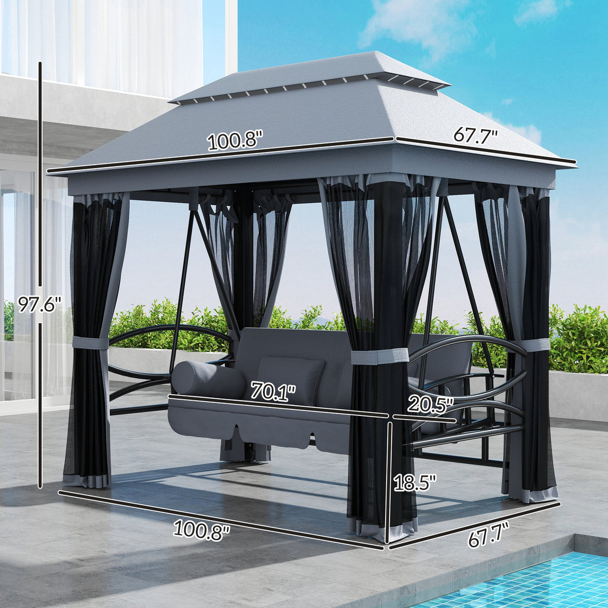 3-Seat Patio Swing Chair with Mesh Sidewalls, Gray — product view 5