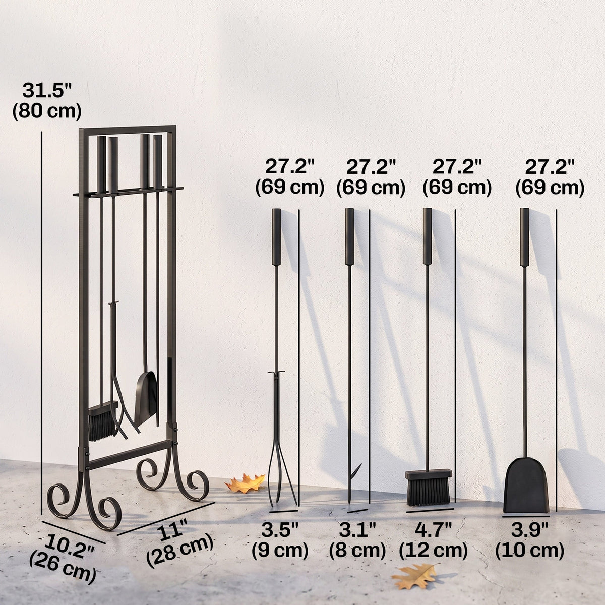 5-Piece Fireplace Tool Set with Brush, Shovel, Poker, Tongs & Stand, Black Metal — product view 5