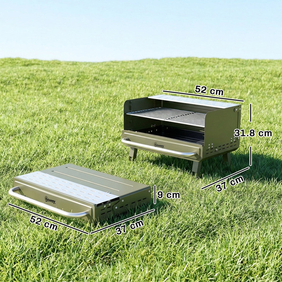 Portable Charcoal BBQ Grill with Adjustable Grates and Side Shelf, Green — product view 5