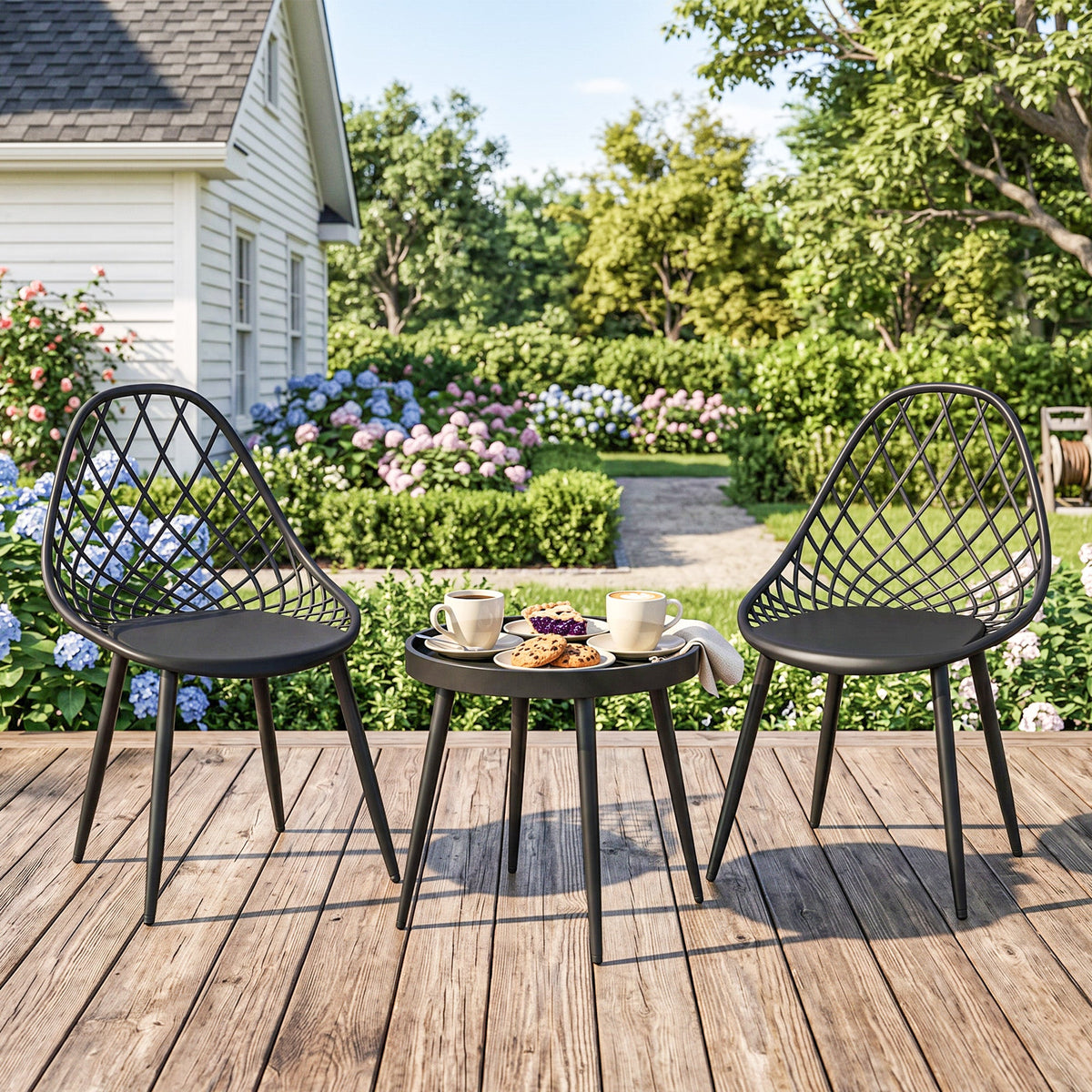 3-Piece Outdoor Bistro Set, 2 Chairs & Round Table, Weatherproof Metal, Black — product view 3
