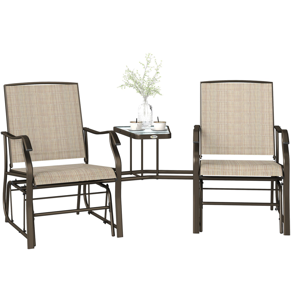 Double Patio Glider Chair with Glass Top Center Table, All Weather Breathable Mesh Fabric, Light Brown — product view 1