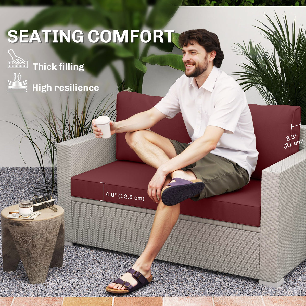 2 Seater Outdoor Seat Cushions with Backrest, Wine Red — product view 6