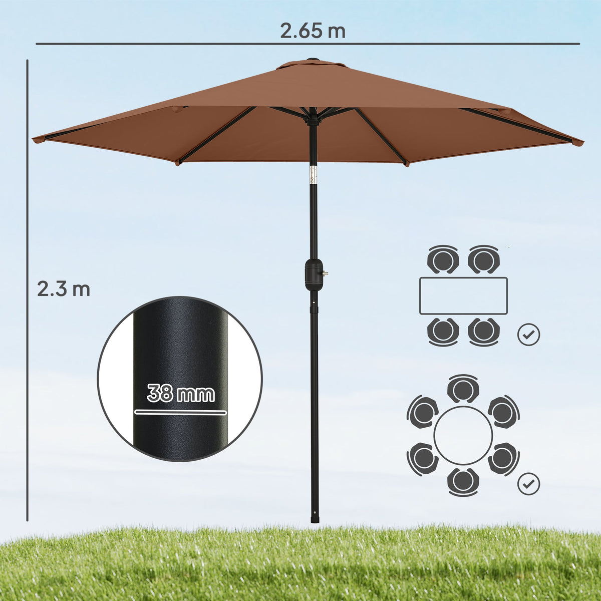 2.6 m Garden Parasol with Tilt, Crank, Vent & Aluminium Pole, Coffee — product view 5