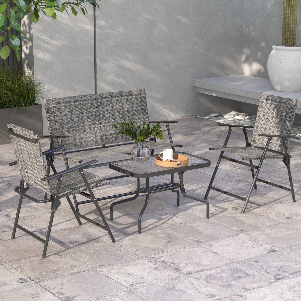 4 Piece Patio Furniture Set with Foldable Chairs & Glass Top Table, Mixed Grey — product view 3