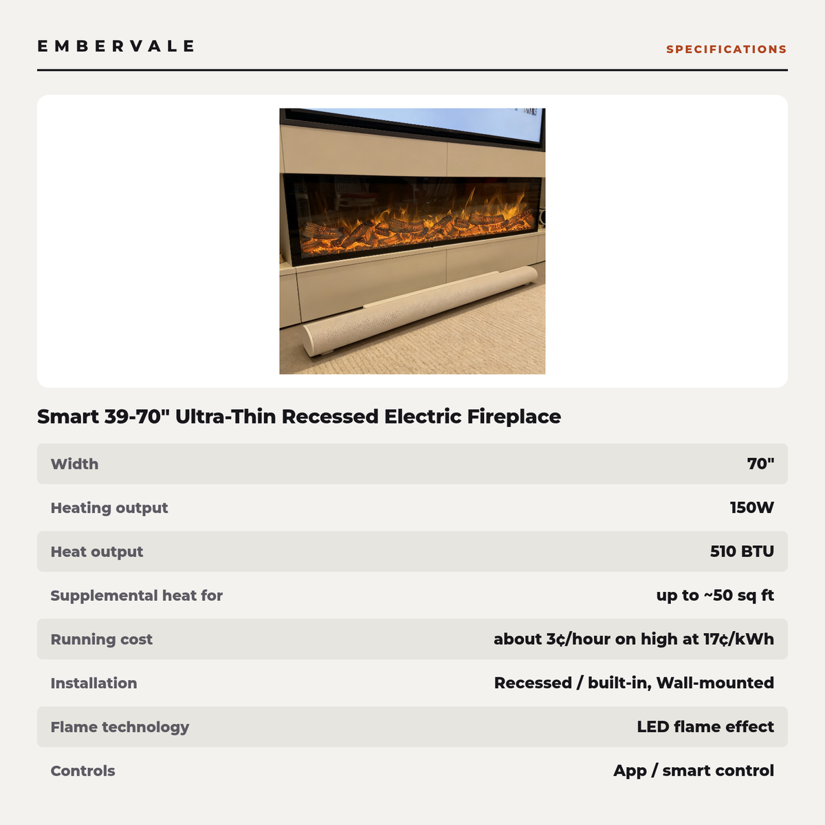 Smart 39-70" Ultra-Thin Recessed Electric Fireplace – Wall-Mounted, 150W, Realistic Flame Home Decor — product view 3