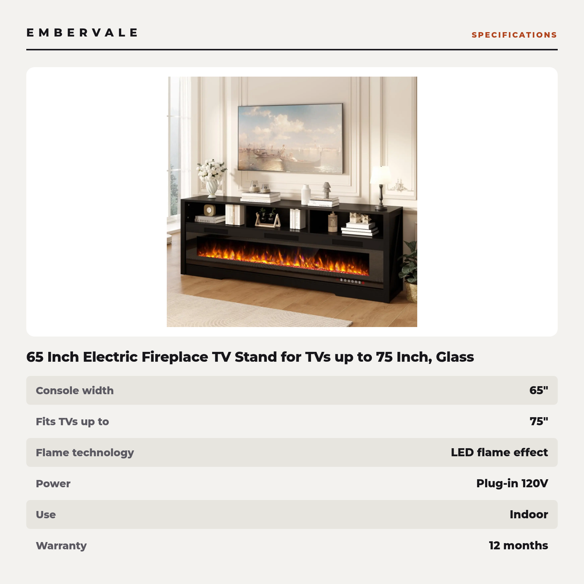 65 Inch Electric Fireplace TV Stand for TVs up to 75 Inch, Glass Front, Modern Media Console Entertainment Center for Living Rooms — product view 3