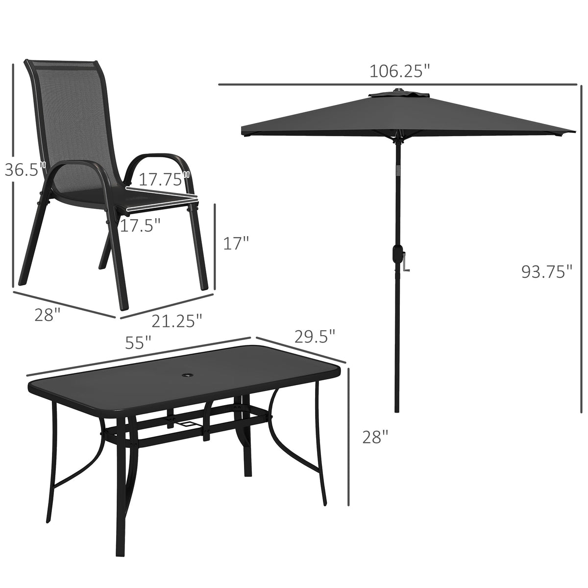 8-Piece Patio Dining Set with 9 Ft Umbrella, Black — product view 5
