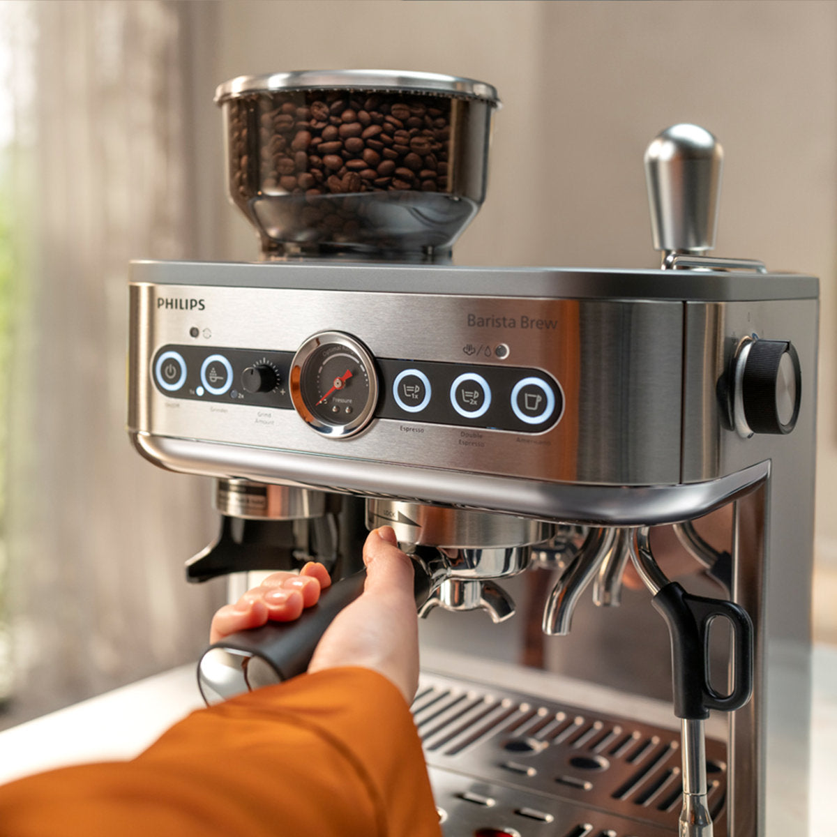 Barista Brew Semi-Automatic Espresso Machine with Frother, 280gr Dual Bean Container — product view 4