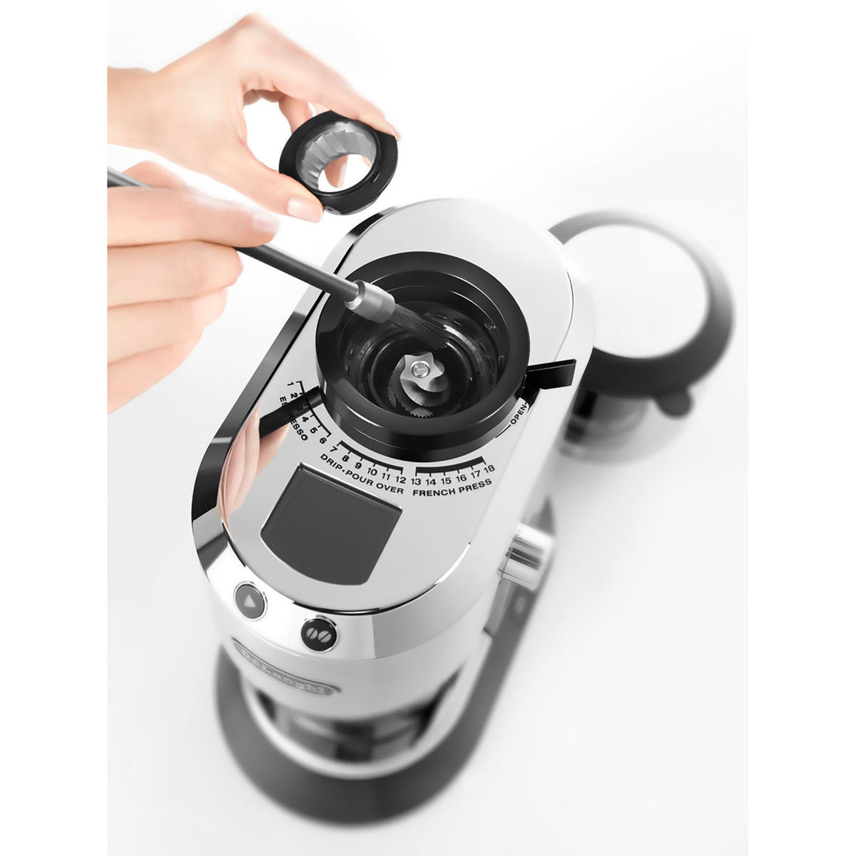 Conical Burr Grinder with Portafilter Attachment, Silver — product view 5