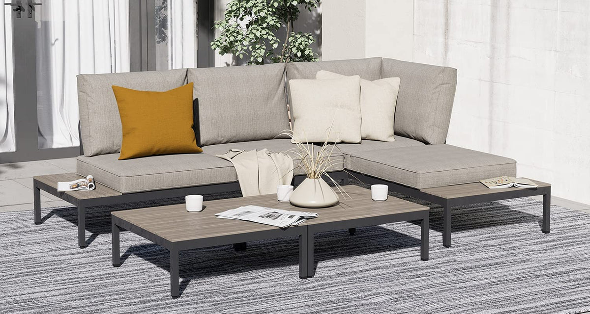 LOUNGE YARD Outdoor Sectional Sofa Set, Aluminum Frame Conversation Set with Cushion & Woodgrain Built-in Side Coffee Table, 4-Piece Modern Furniture Set for Poolside, Backyard, Deck, Gray — product view 3