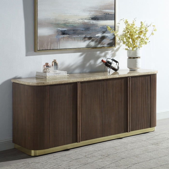 Clayten Brown Oak Finish Wood Natural Marble Top Sideboard Server Buffet Cabinet – DN07003 — product view 1