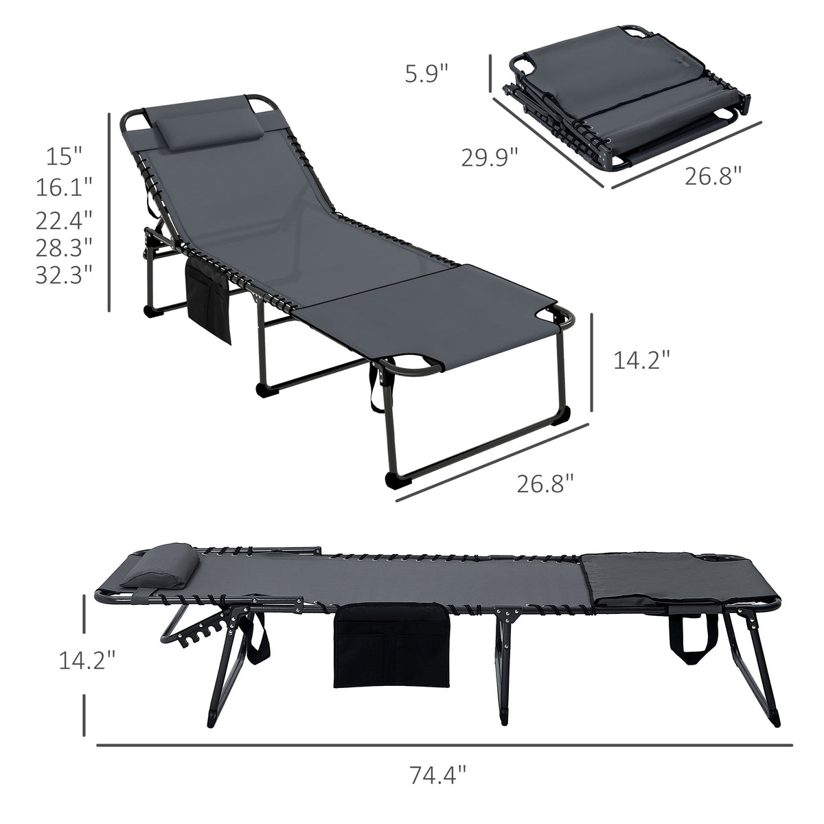 2-Piece Folding Chaise Lounge with Face Hole, Gray — product view 5