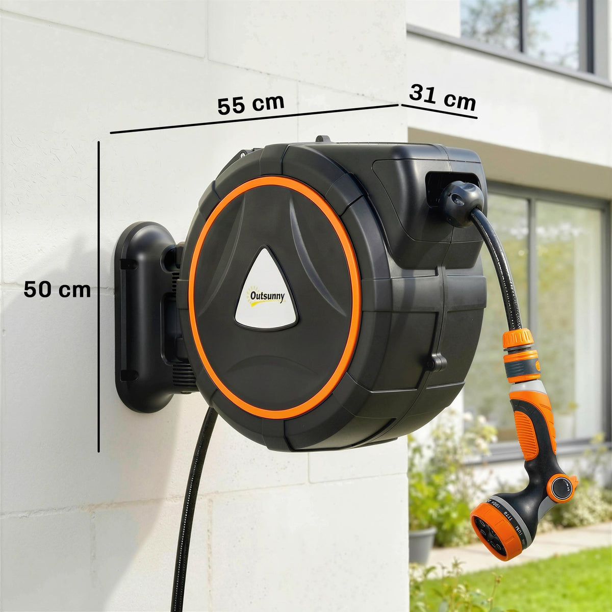 23+2m Retractable Wall Hose Reel with Auto Retraction & 12-Pattern Nozzle, Orange — product view 5
