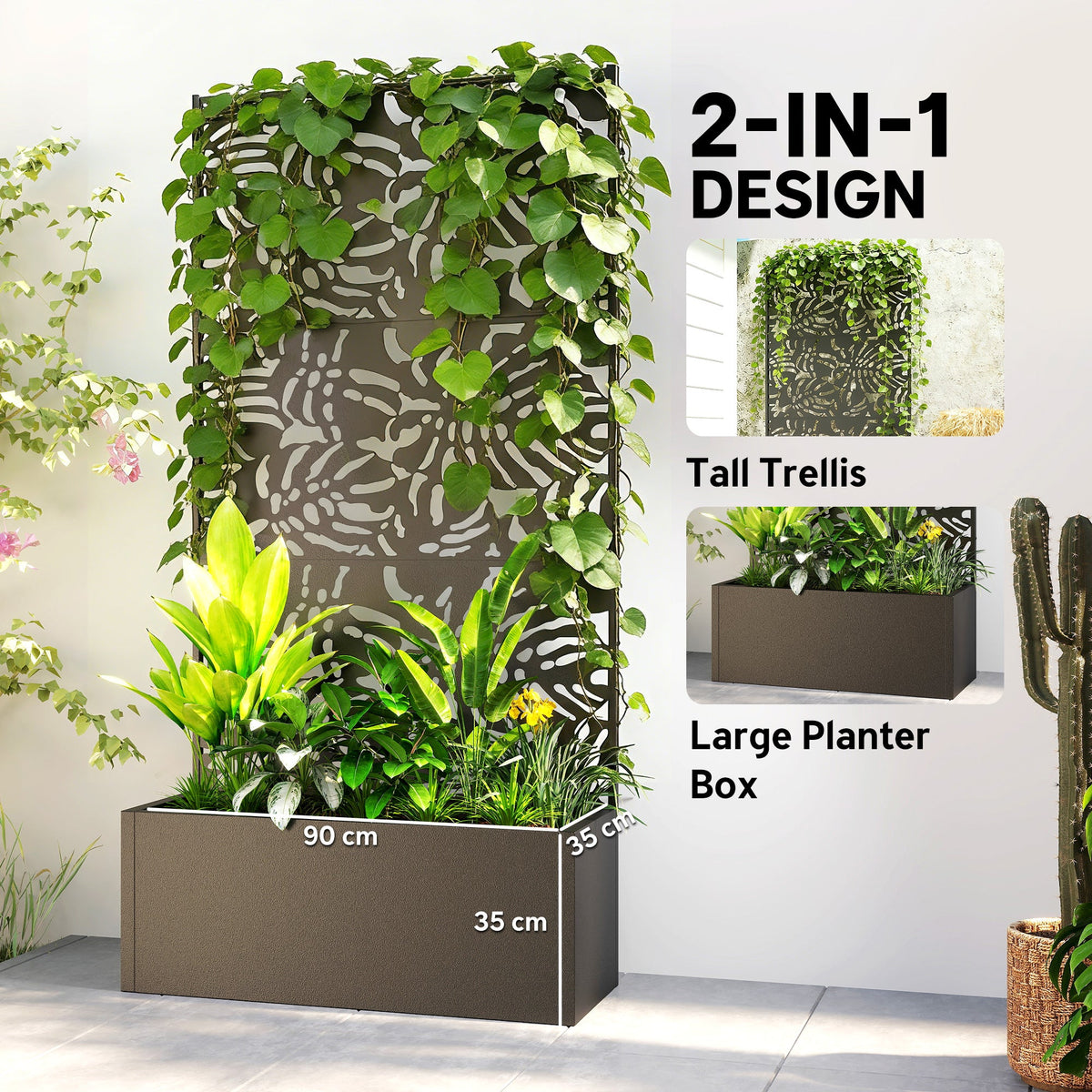 71" Metal Planter Box with Trellis, Banana-Leaf Cut-Out — product view 6