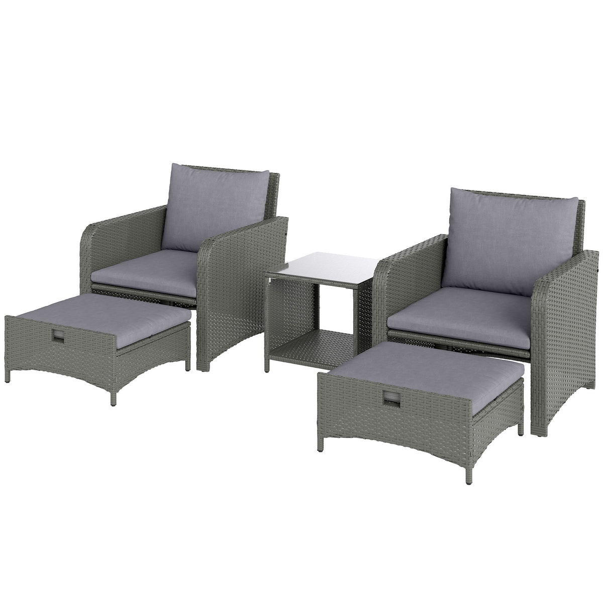 5 Piece Rattan Patio Set with 2 Chairs, 2 Ottomans & 2-Tier Table, Grey — product view 2