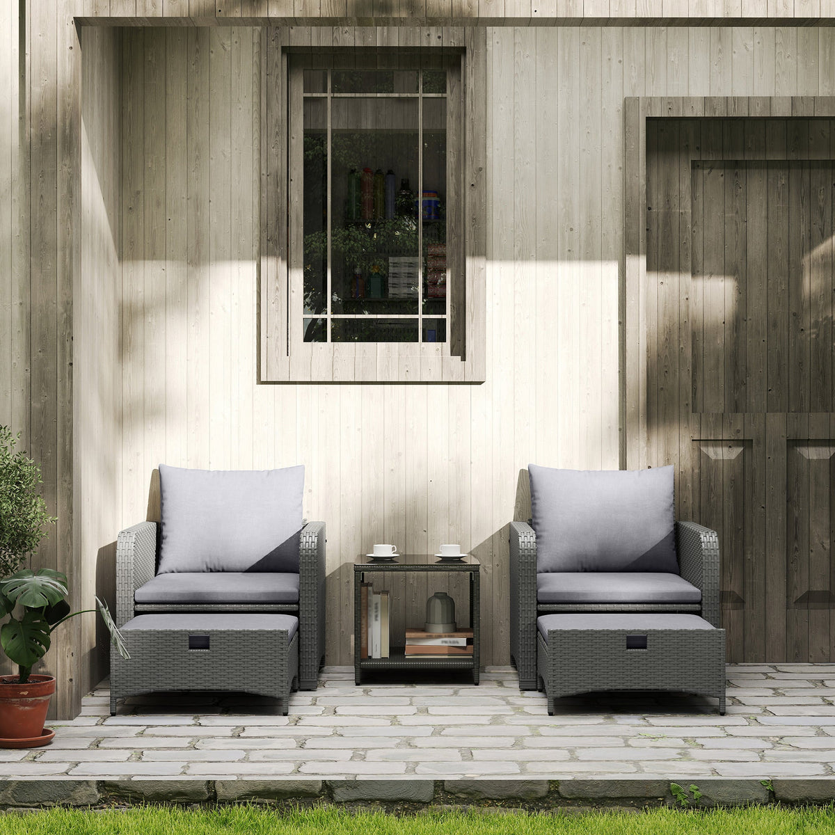 5 Piece Rattan Patio Set with 2 Chairs, 2 Ottomans & 2-Tier Table, Grey — product view 4