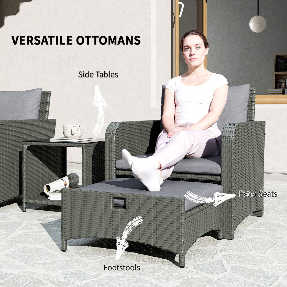 5 Piece Rattan Patio Set with 2 Chairs, 2 Ottomans & 2-Tier Table, Grey — product view 7