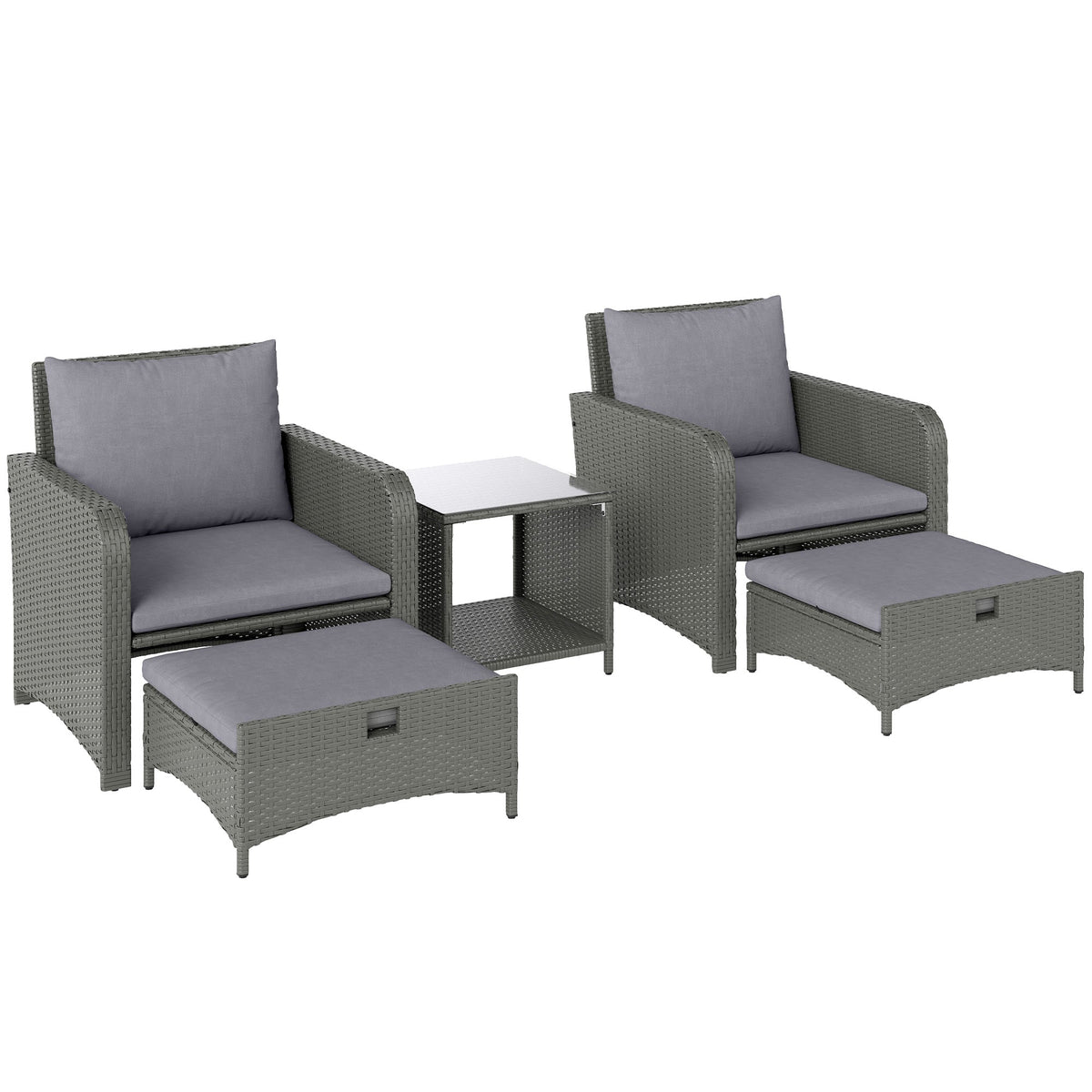 5 Piece Rattan Patio Set with 2 Chairs, 2 Ottomans & 2-Tier Table, Grey — product view 1
