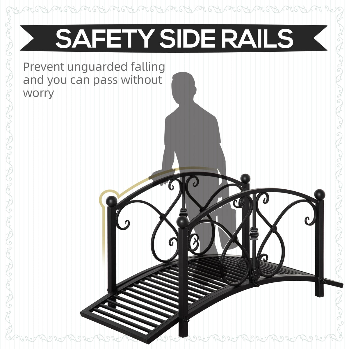 3.3FT Metal Zen Garden Bridge with Safety Siderails, Black — product view 7
