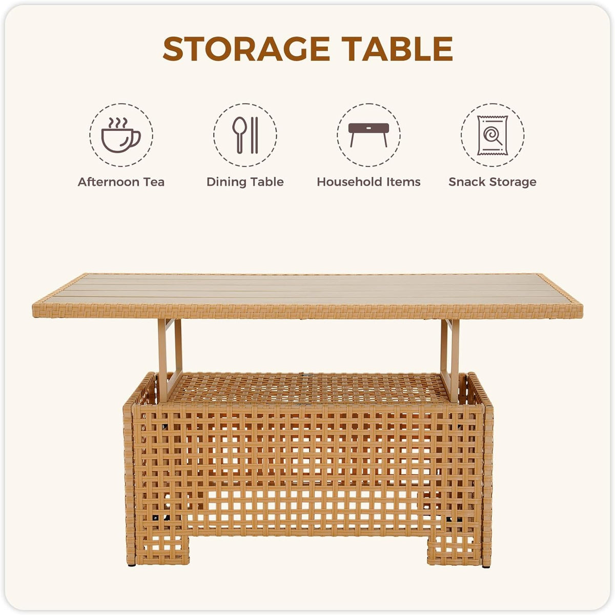 LOUNGE YARD Outdoor & Indoor Coffee Dining Table - All-Weather Resin Wicker Rattan, Adjustable Steel Slat Lift Top — product view 5