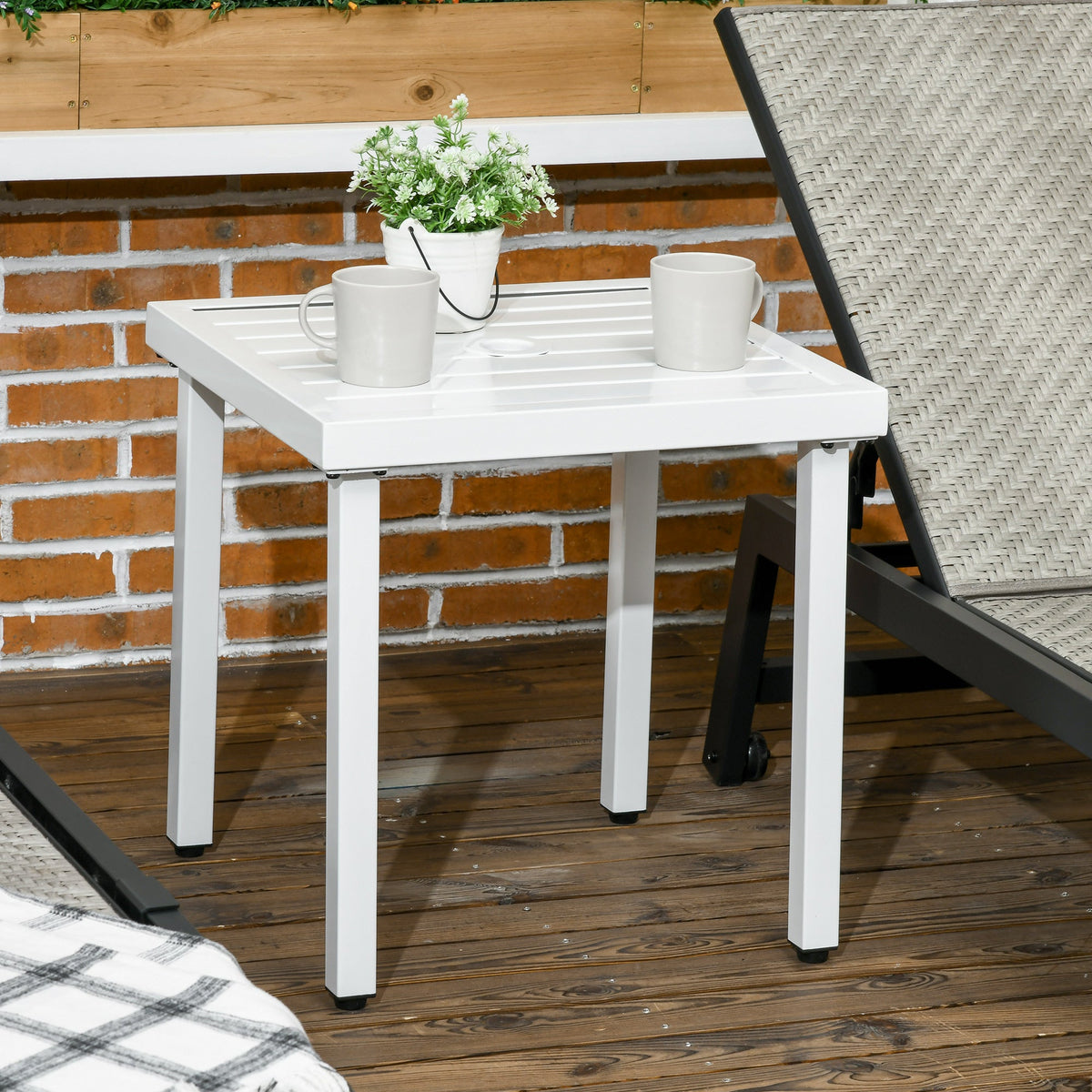 51 x 51 cm Garden Side Table with Umbrella Hole, White — product view 4