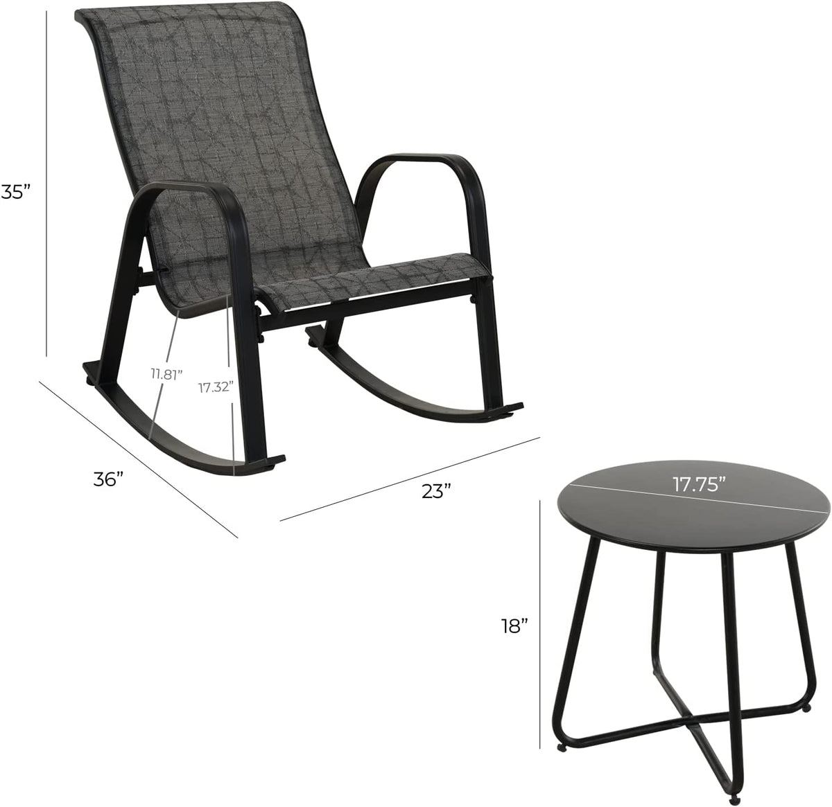 LOUNGE YARD Outdoor 3-Piece Patio Bistro Rocking Chair Set, Steel Rocker Seating Outside for Front Porch, Garden, Patio, Backyard — product view 7