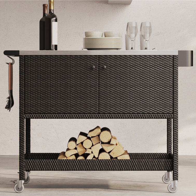 LOUNGE YARD Tietsia Bar Cart, Rolling Wicker Bar Cart w/Storage Cabinet — product view 6