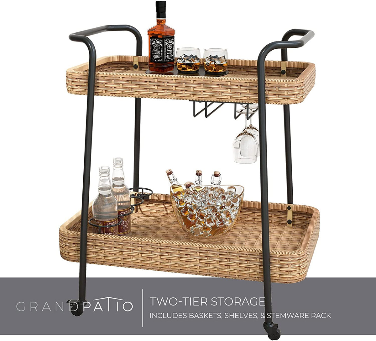 LOUNGE YARD Outdoor & Indoor PE Wicker Steel 2-Tier Rolling Bar Beverage Cart Vaxjo Natural Color — product view 4
