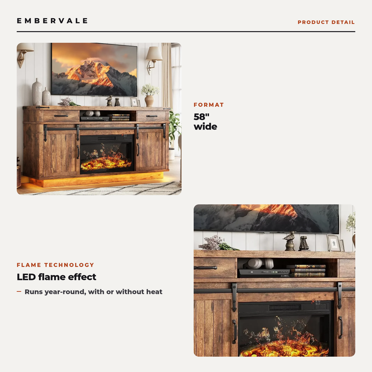 58 Inch Electric Fireplace TV Stand, Farmhouse Media Console Entertainment Center, Storage Cabinets for Living Rooms — product view 2