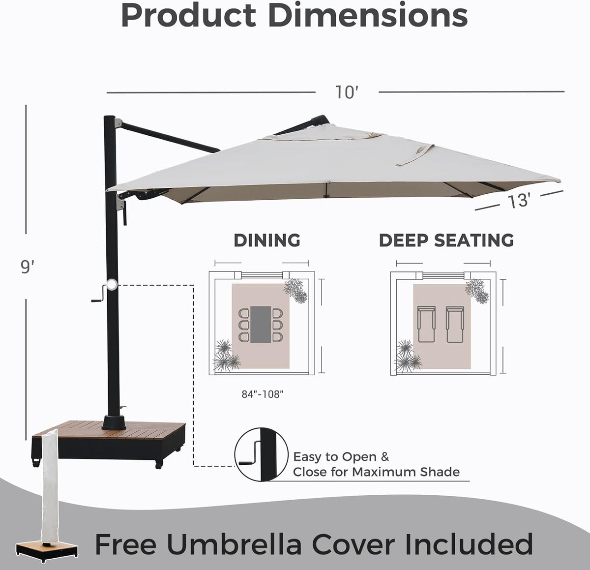 LOUNGE YARD 10x13 FT Acrylic Outdoor Cantilever Aluminum Umbrella, 5-Year-Non-Fading — product view 5