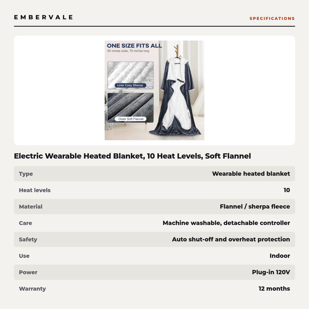 Electric Wearable Heated Blanket, 10 Heat Levels, Soft Flannel Sherpa, Auto Shut-Off and Overheat Protection for Sofa and Bed — product view 3