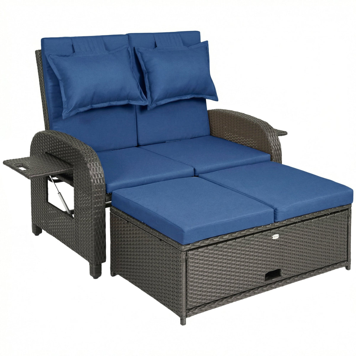 Rattan Patio Daybed with Storage Ottoman and Adjustable Backrest, Navy Blue — product view 1