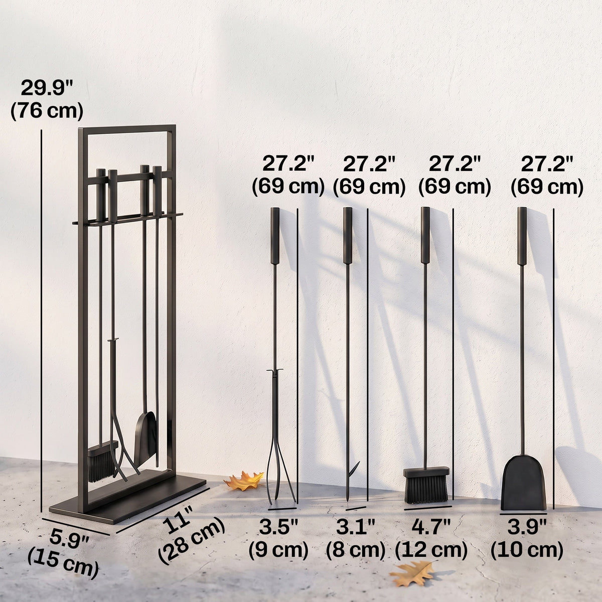 5-Piece Fireplace Tool Set with Brush, Shovel, Poker, Tongs & Stand, Black Metal — product view 5