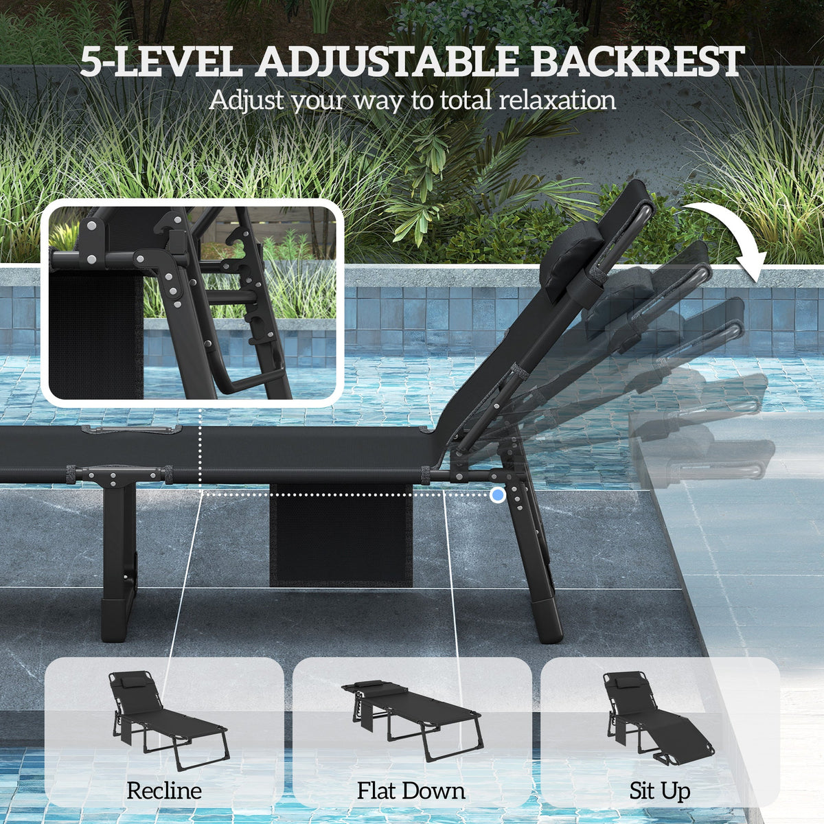 2 Piece Reclining Outdoor Chaise Lounge Chairs with Cushions, Dark Gray/Blue — product view 6