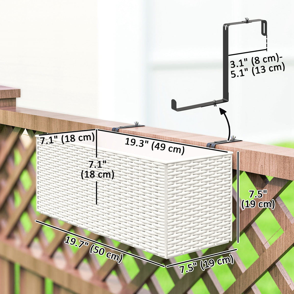 2 Pack 20" Railing Planter Boxes with Hooks and Drainage, White — product view 5