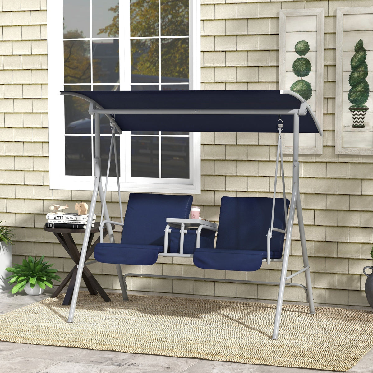 2-Person Porch Swing with Stand and Pivot Table, Dark Blue — product view 3