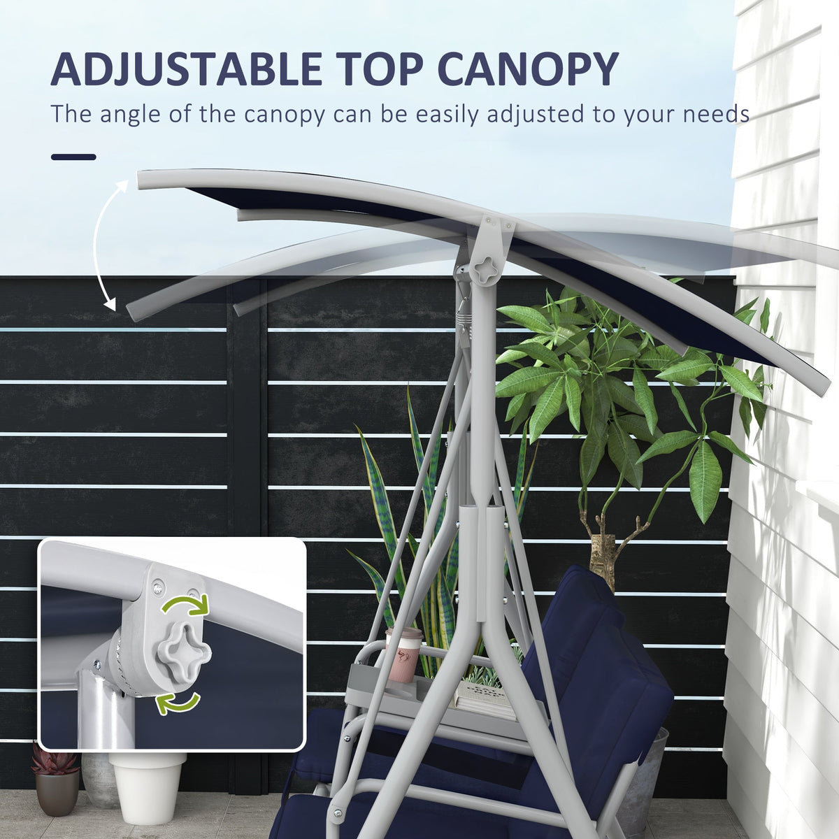 2-Person Porch Swing with Stand and Pivot Table, Dark Blue — product view 6