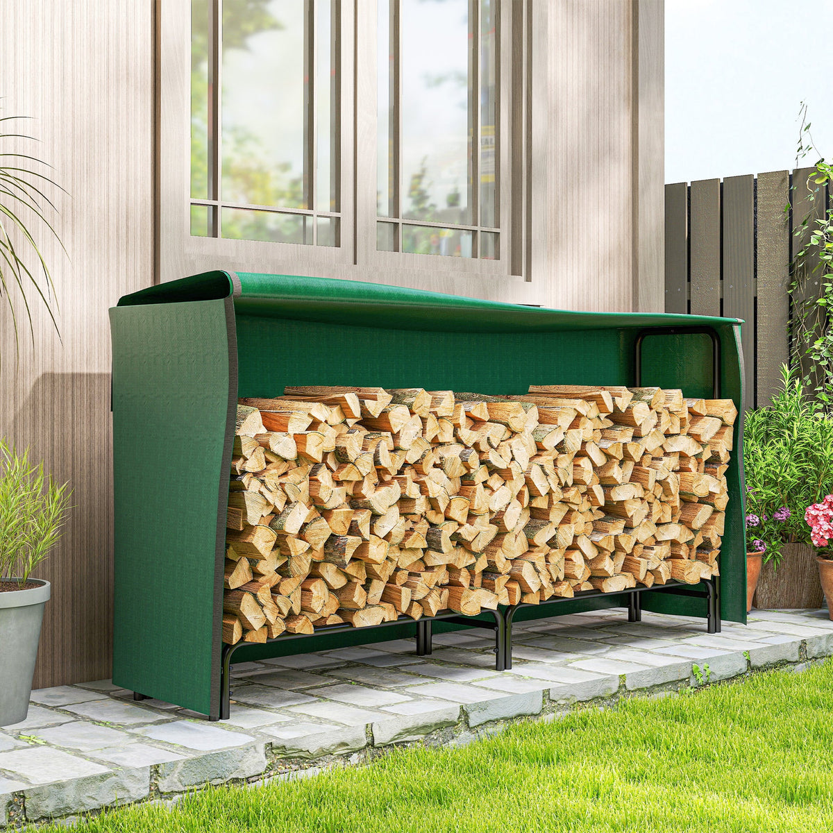 Heavy-Duty Firewood Rack with Waterproof Cover in Dark Green, 78.7" x 14.2" x 39" — product view 4