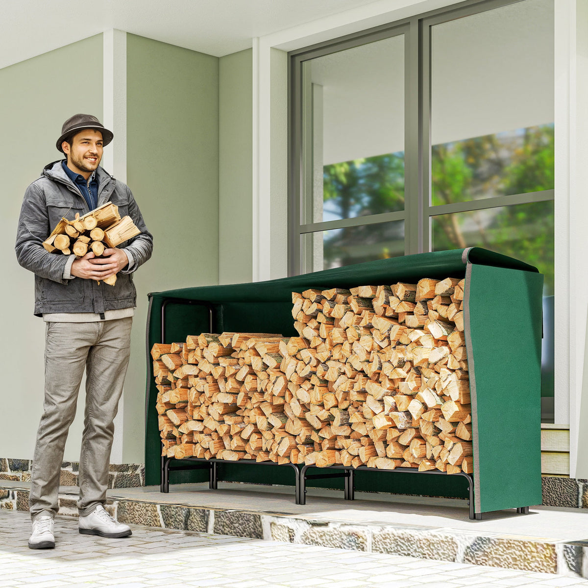 Heavy-Duty Firewood Rack with Waterproof Cover in Dark Green, 78.7" x 14.2" x 39" — product view 3