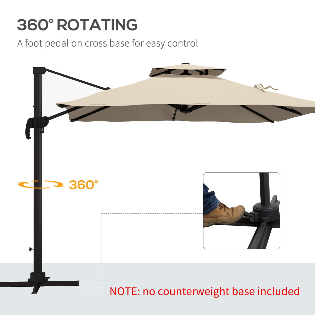10ft Square Cantilever Patio Umbrella with 360° Rotation and Double Canopy, Khaki — product view 7