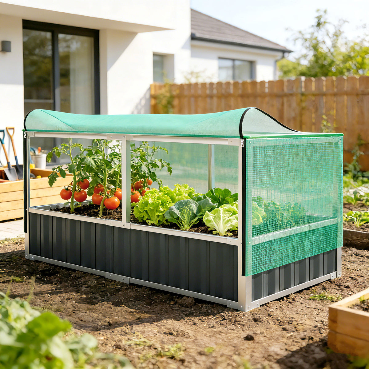 5.7 x 3 x 2.3ft Steel Raised Garden Bed with Cover and Gloves, Dark Grey — product view 4