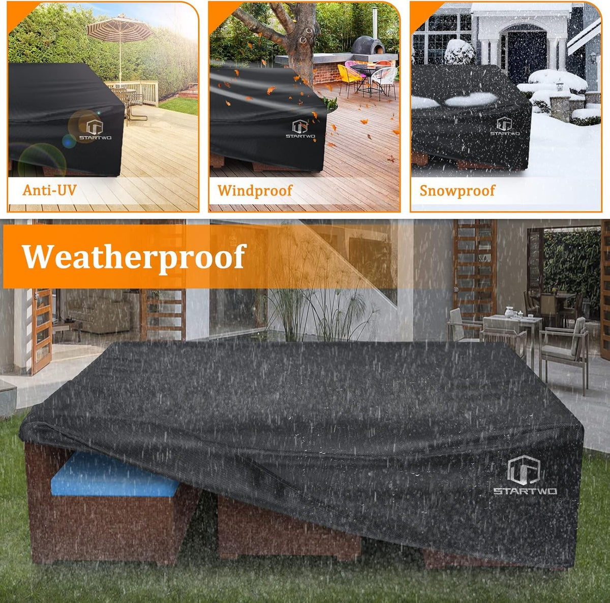 Patio Furniture Covers Waterproof, Anti-Uv Tear-Resistant 500D Heavy Duty 7-12 Seats Outdoor Furniture Cover for Sectional Sofa, Patio Table Cover, 98"X78"X28", Black — product view 7