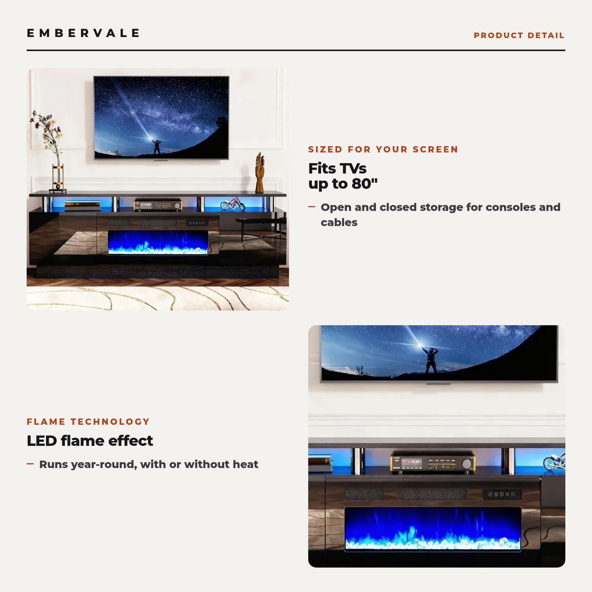 Double-Tier Electric Fireplace TV Stand for TVs up to 80 Inch with LED Lights, Black Two-Level Media Console — product view 2