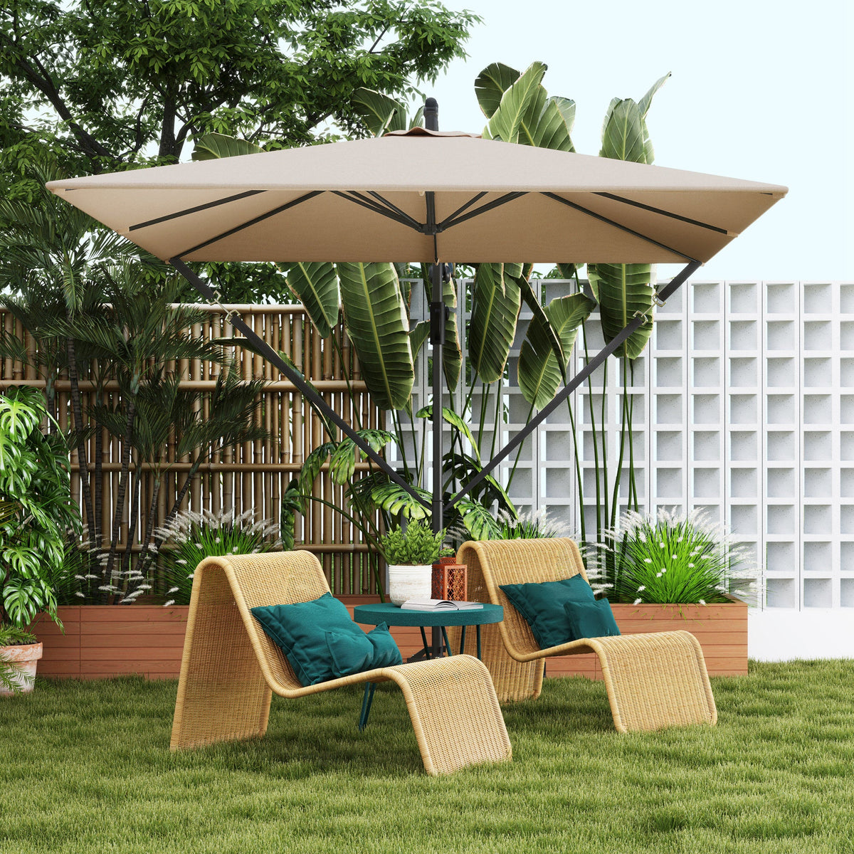 Offset Patio Umbrella with Base, Cover and Tilt Function, Khaki — product view 4