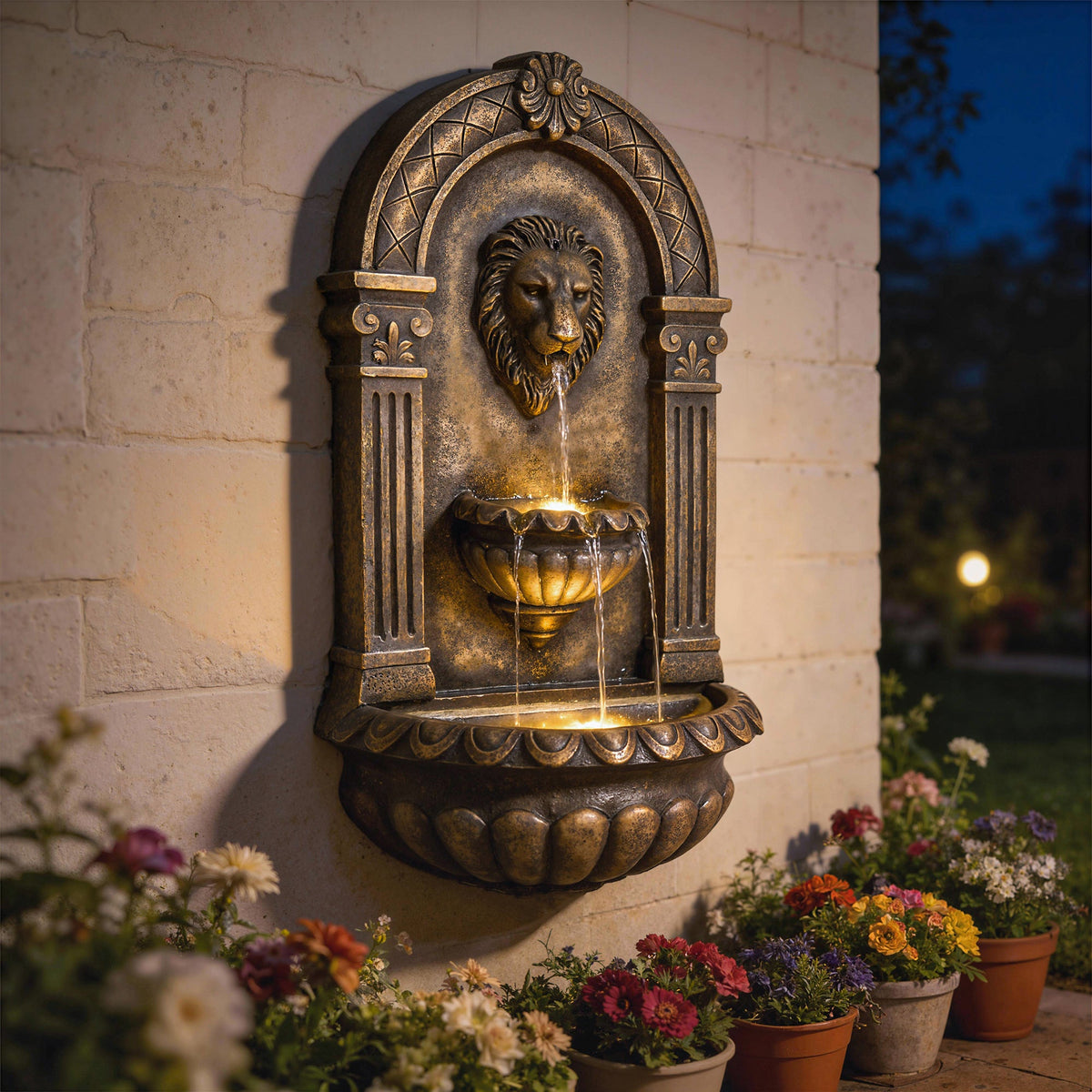 31" Wall-Mounted 3-Tier Fountain with LED Lights, Rustic Brown — product view 4
