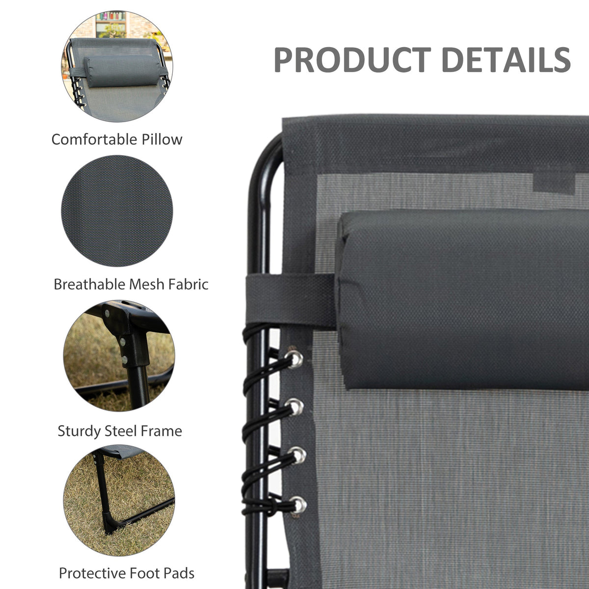 Folding Lounge Chair with Adjustable Backrest and Pillow, Grey — product view 7