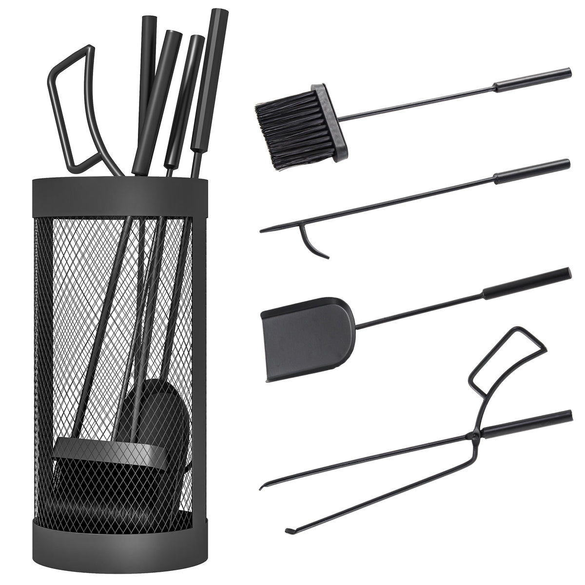 5-Piece Metal Fireplace Tool Set with Brush, Shovel, Poker, Tongs & Mesh Basket, Black — product view 1