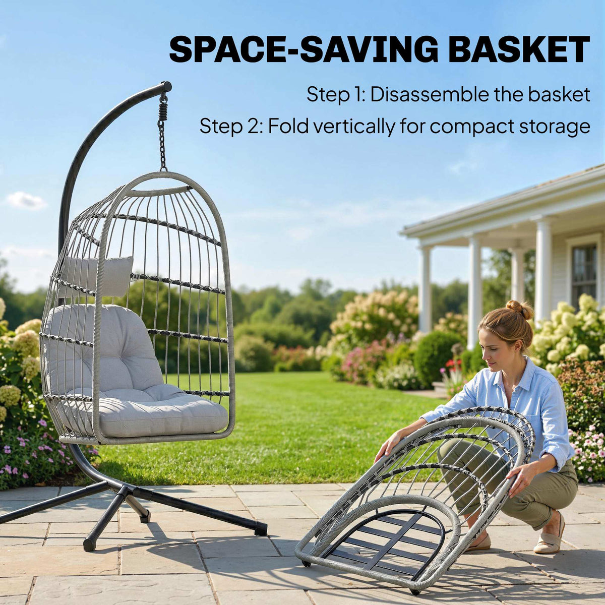 Hanging Egg Chair with Foldable Metal Stand, Thick Cushion, Light Grey — product view 7