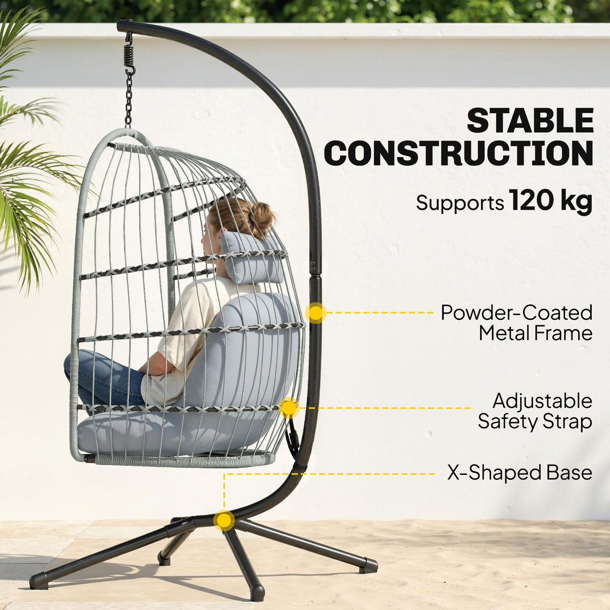 Hanging Egg Chair with Foldable Metal Stand, Thick Cushion, Light Grey — product view 6
